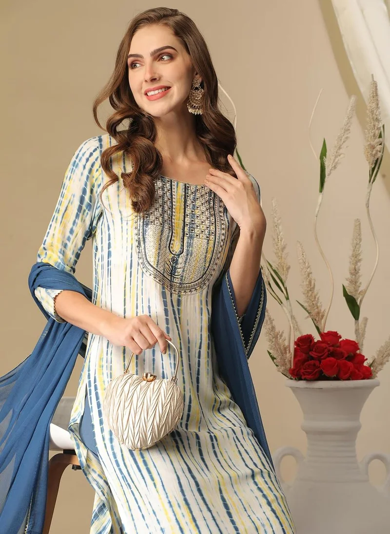 GoSriKi Light Blue GoSriKi Women's Rayon Blend Straight Printed Kurta with Pant & Dupatta (Tiedye Light Blue-GS_M_Light Blue_Medium) for Women | Best Price UAE